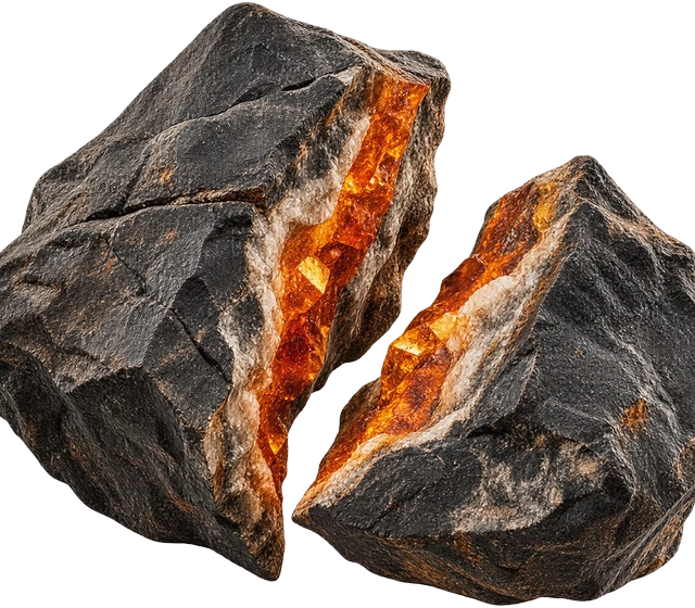 Piedra partida en dos, con la veta al descubierto